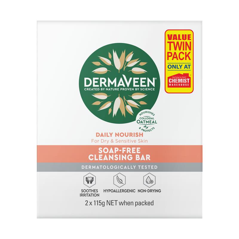 DermaVeen Daily Nourish Soap Free Cleansing Bar 2 x 115g Exclusive Pack
