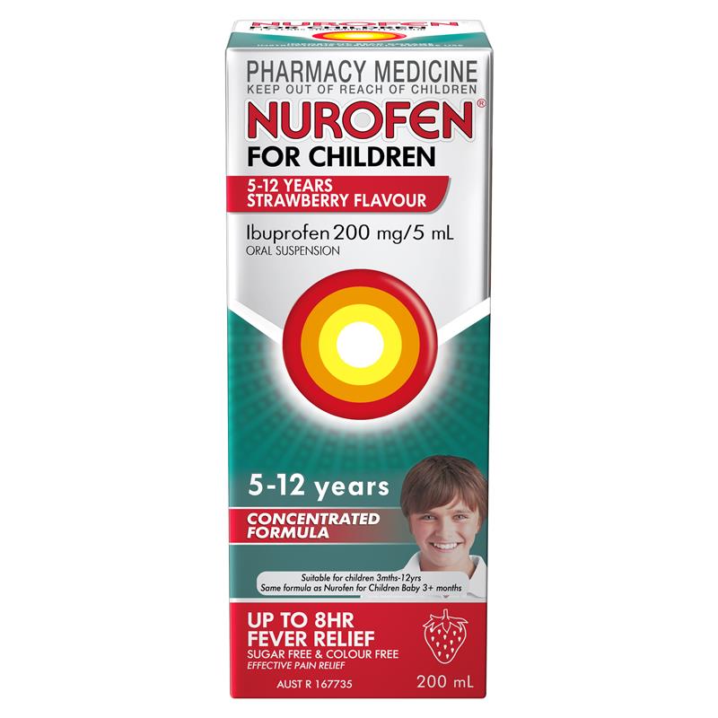 Nurofen For Children 5-12yrs Pain and Fever Relief Concentrated Liquid 200mg/5mL Ibuprofen Strawberry 200mL