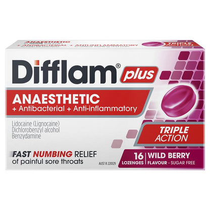 Difflam Plus Anaesthetic Sugar Free Wild Berry 16 Lozenges