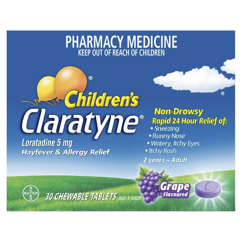 Children's Claratyne Allergy & Hayfever Relief Antihistamine For Kids Grape Chewable Tablets 30 pack