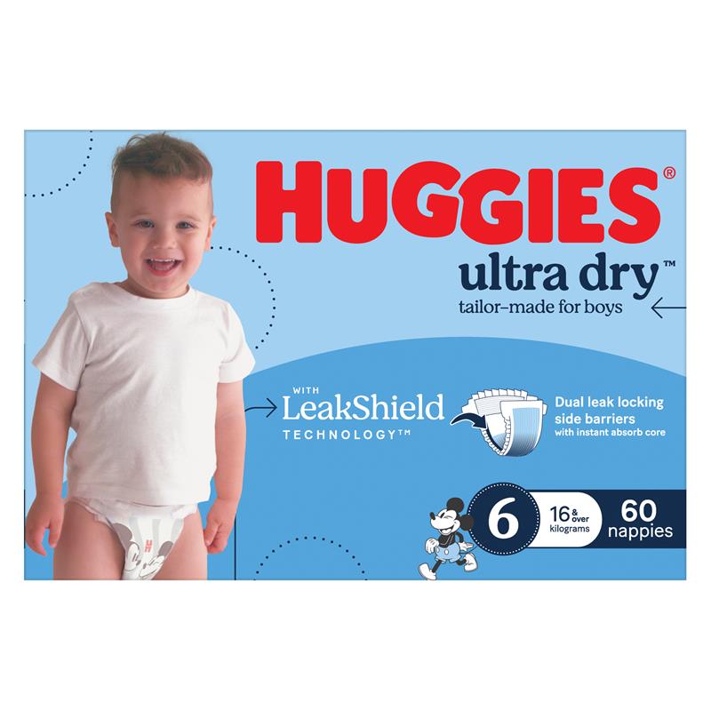 Huggies Ultra Dry Nappies Boys Size 6 (16kg+) 60 Pack