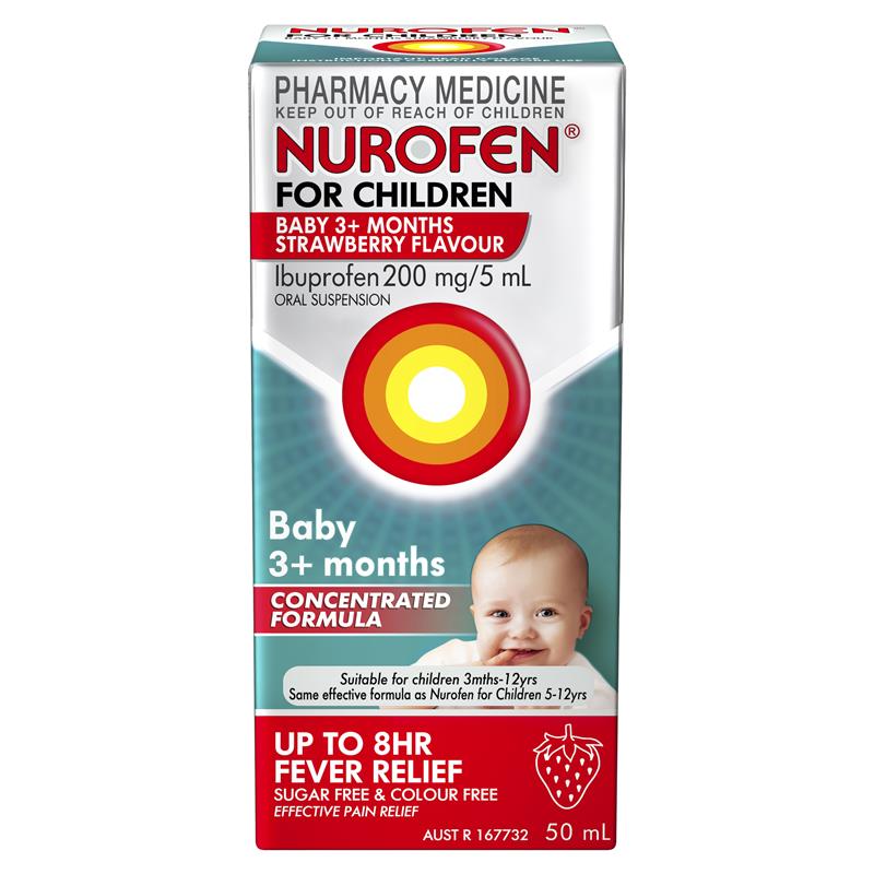 Nurofen For Children Baby 3+ Months Pain and Fever Relief Concentrated Liquid 200mg/5ml Ibuprofen Strawberry 50ml