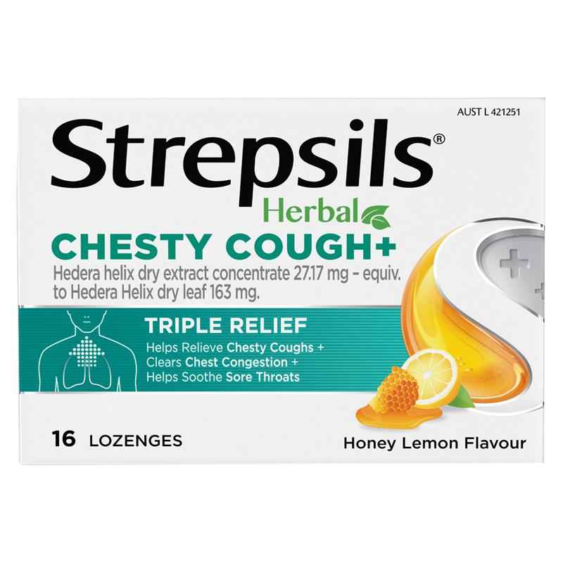 Strepsils Herbal Chesty Cough+ Lozenges Honey Lemon 16 Pack