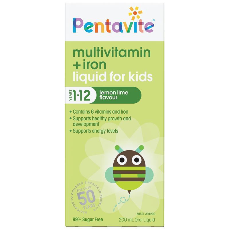 Pentavite Multivitamin + Iron Kids Liquid Lemon Lime 200ml