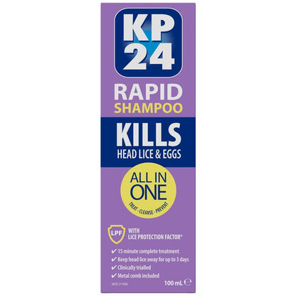 KP24 Rapid 15 Minute Head Lice/Nit Shampoo with Lice Protection Factor 100ml with Comb
