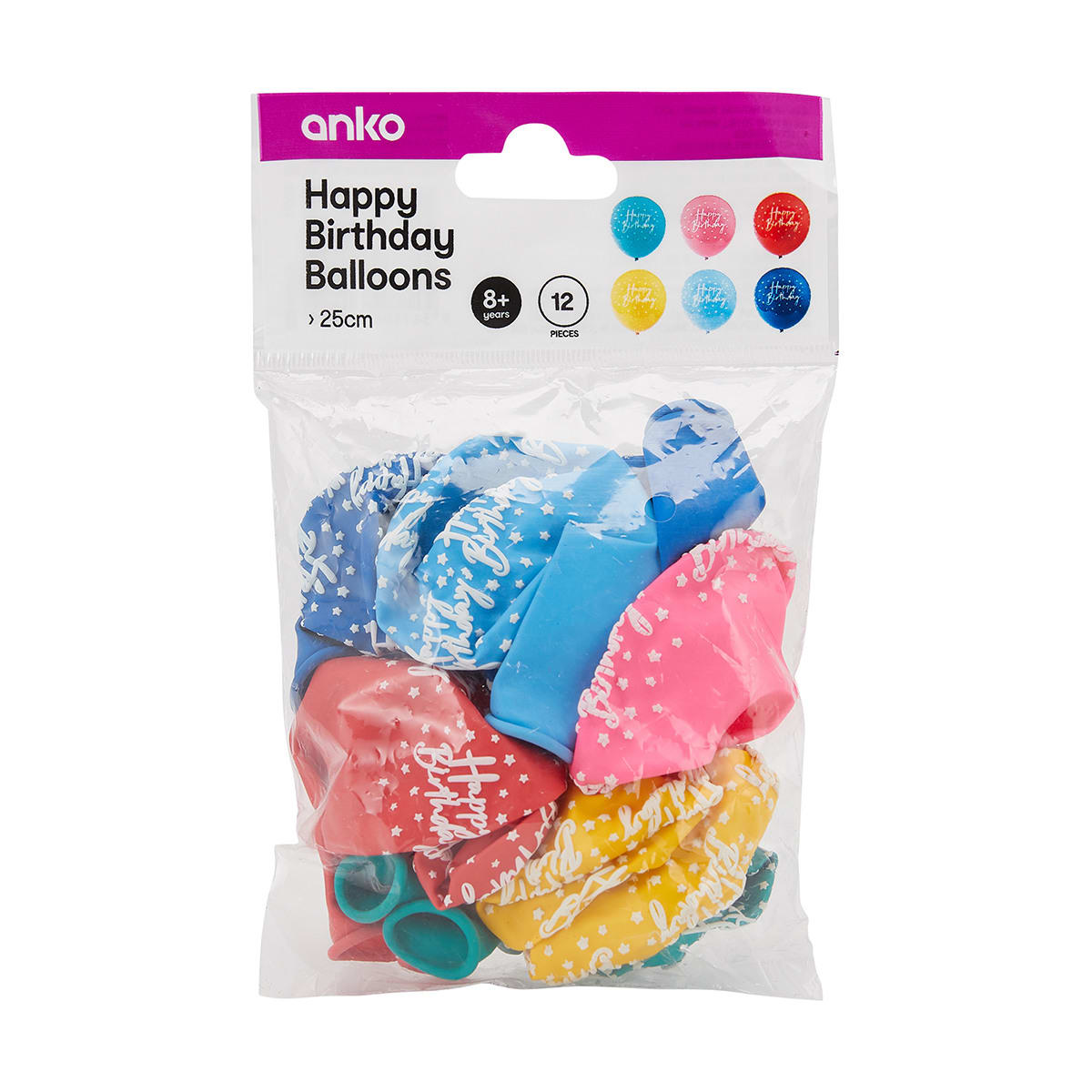 12 Pack Multi Colour Happy Birthday Balloons