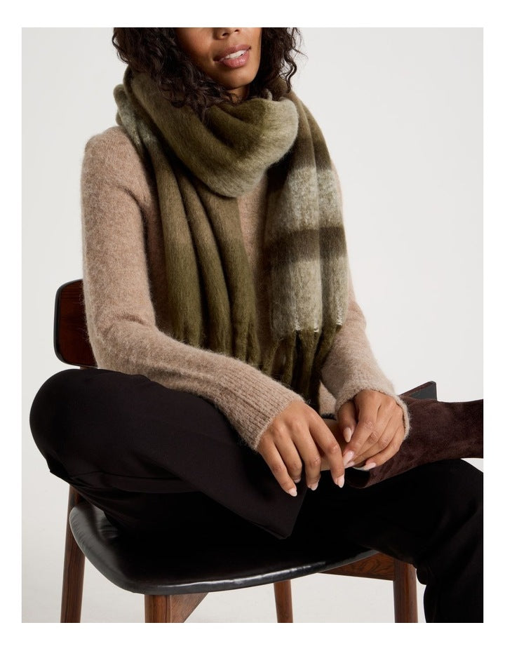 Jenna Brushed Striped Winter Scarf in Olive