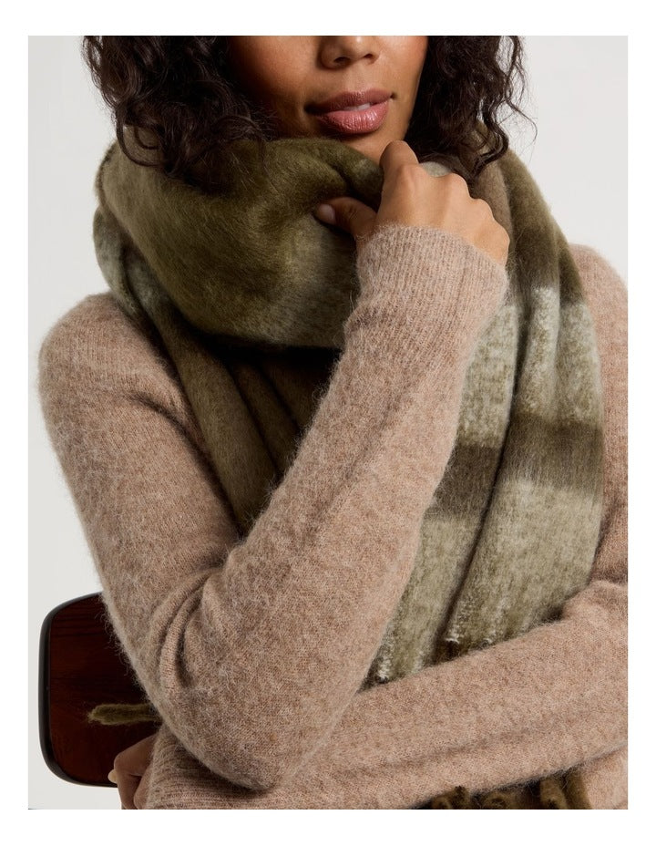 Jenna Brushed Striped Winter Scarf in Olive