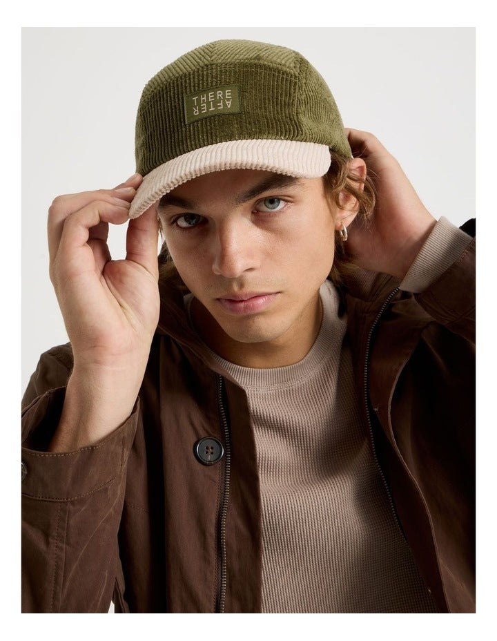 Chunky Cord 5 Panel Cap Hat in Khaki and Stone
