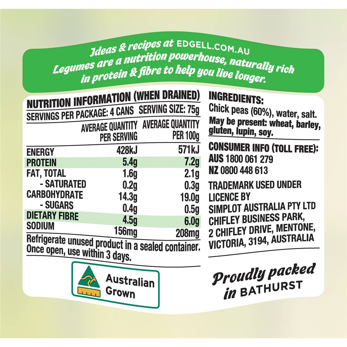 Edgell Australian Chickpeas Multipack Snacks Ready to Eat 125g x 4 Pack