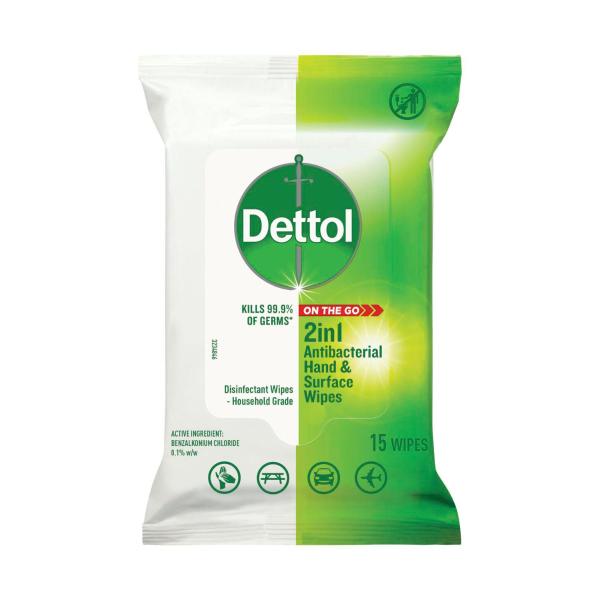 DETTOL 2 IN 1 HANDS & SURFACES ANTIBACTERIAL WIPES 15PACK