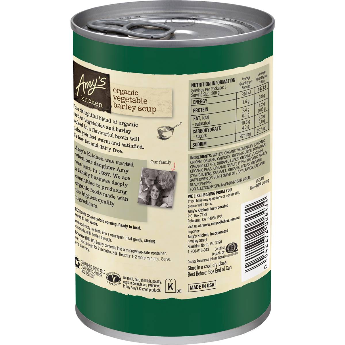 Amy's Kitchen Organic Vegetable Barley Soup 400g