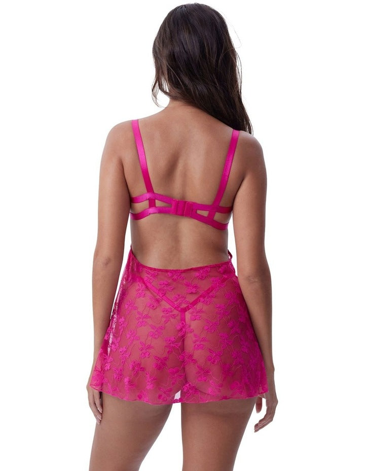 Bras N Things Night Games Cherry Delight Unlined Bbydoll & String Set in Dark Pink
