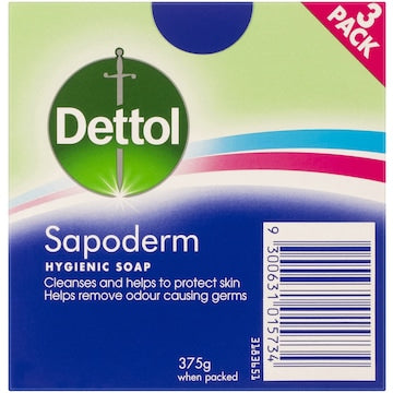 Dettol Sapoderm Hygienic Bar Soap For Acne Prone & Oily Skin 125g x 3 pack