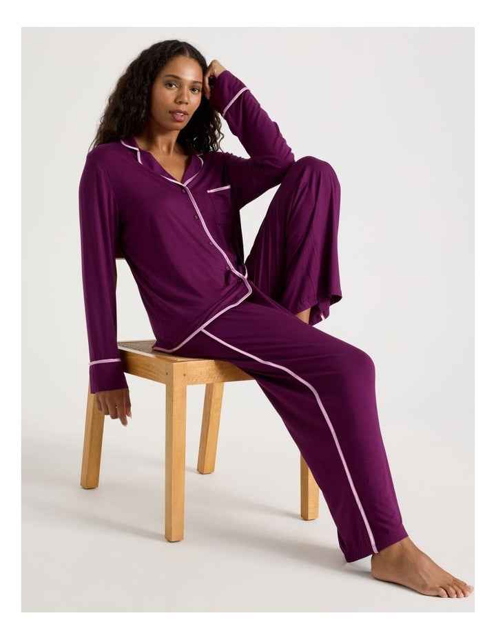 Pure Comfort Binding Long Sleeve Long PJ Set in Magenta