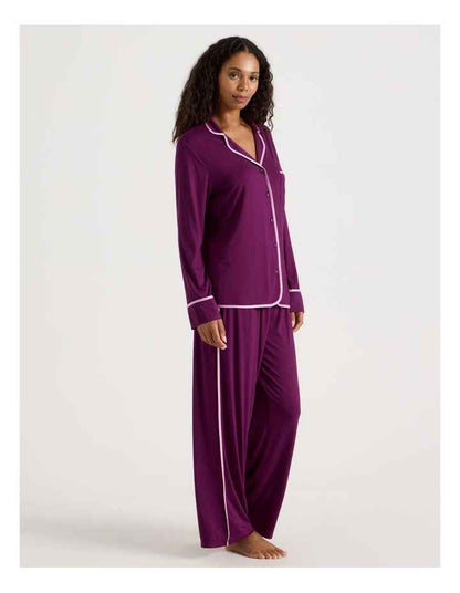 Pure Comfort Binding Long Sleeve Long PJ Set in Magenta