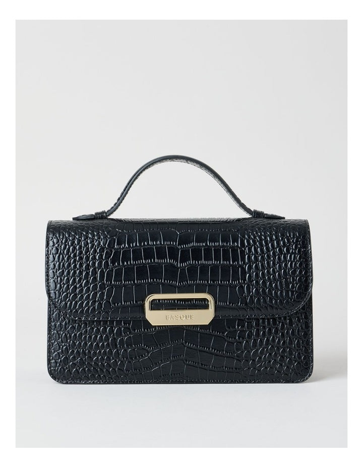 Fiona Croc Leather Satchel Bag in Black