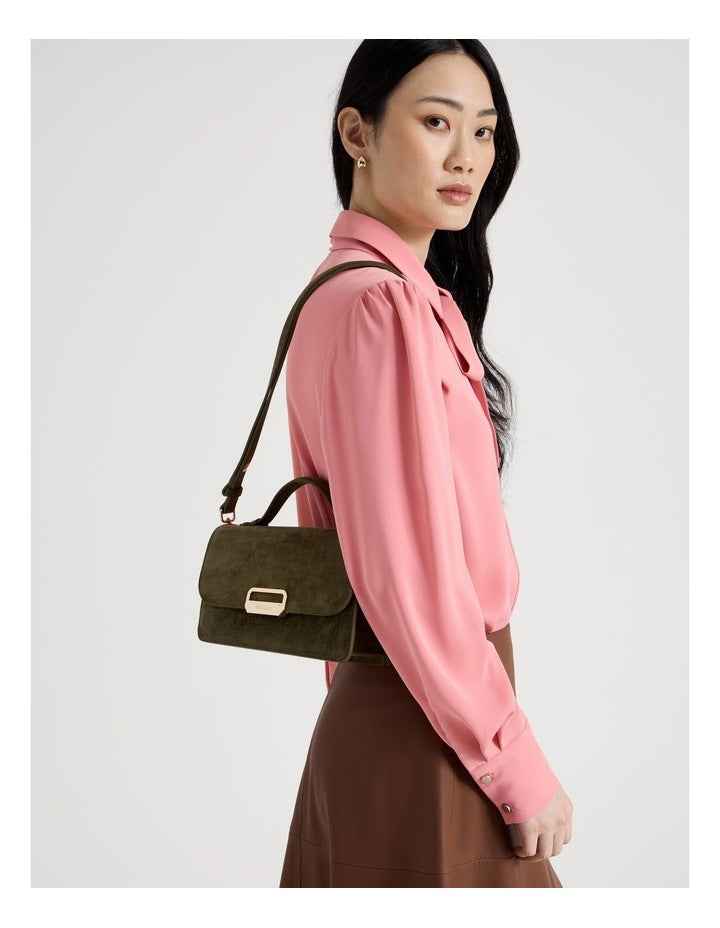 Fiona Suede Leather Satchel Bag in Olive