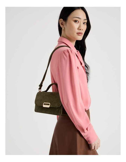 Fiona Suede Leather Satchel Bag in Olive