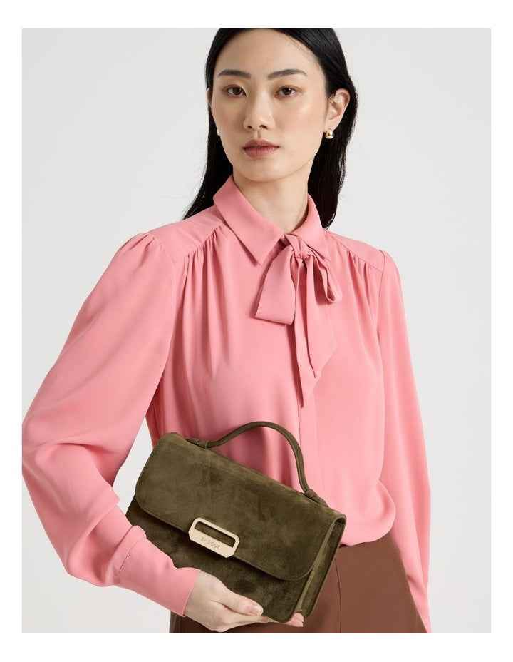 Fiona Suede Leather Satchel Bag in Olive