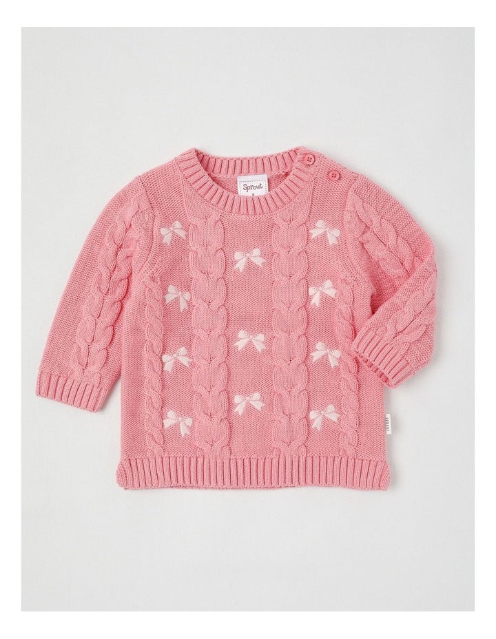 Embroidered Cable Knit Bow Jumper in Tulip