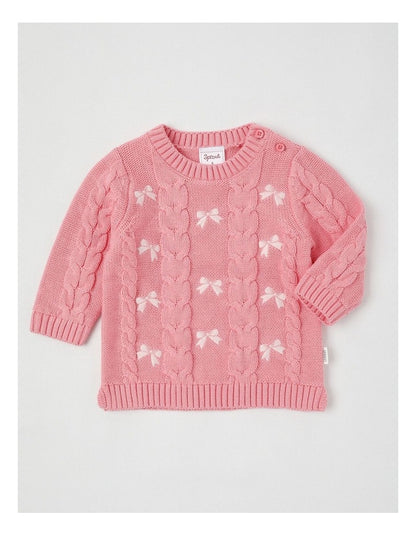 Embroidered Cable Knit Bow Jumper in Tulip