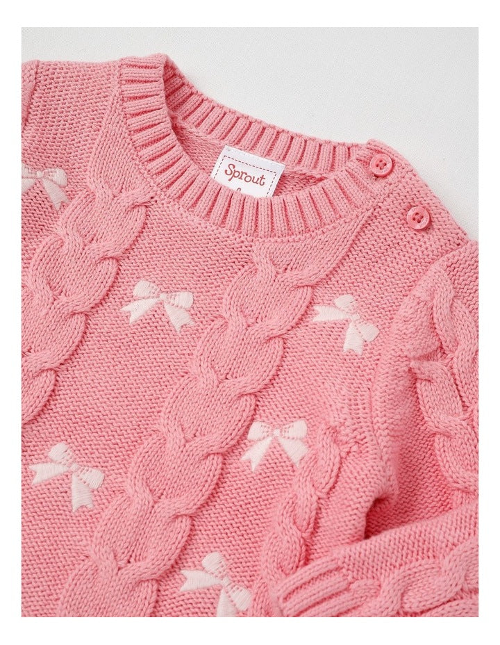 Embroidered Cable Knit Bow Jumper in Tulip