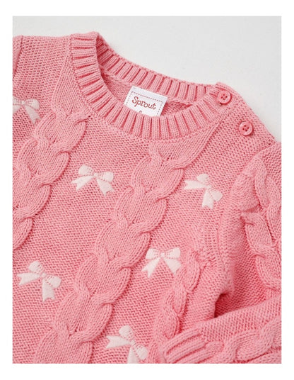 Embroidered Cable Knit Bow Jumper in Tulip