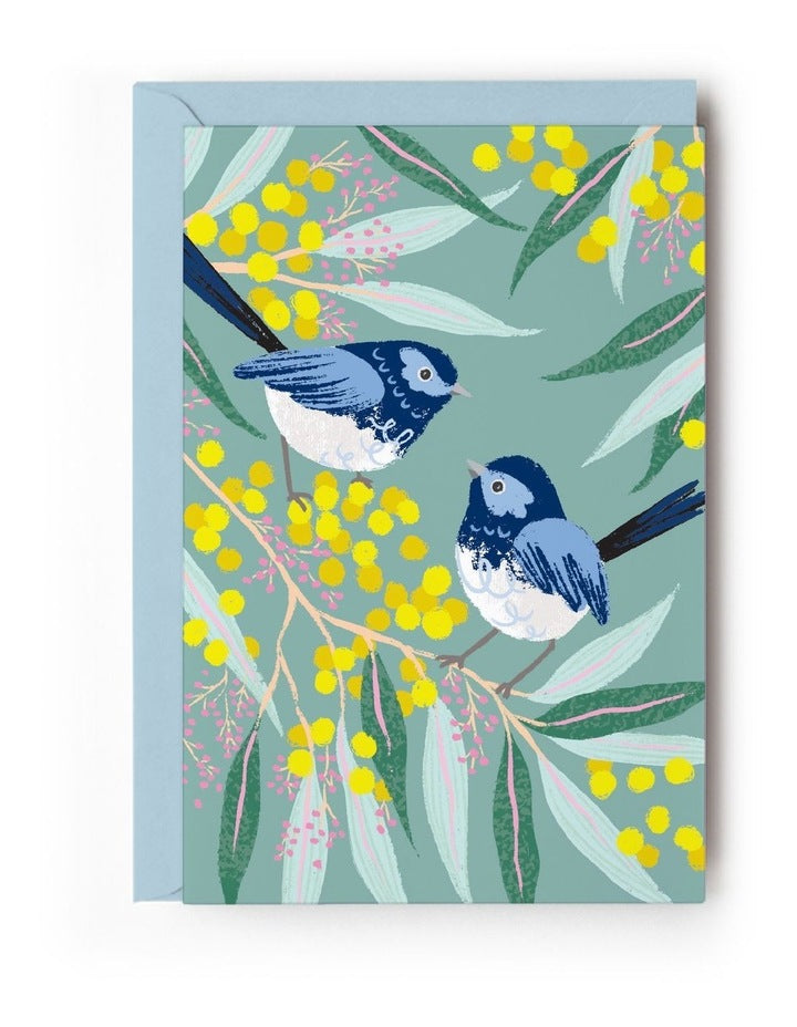 Blue Wrens on Wattle Note Cards Box of 10