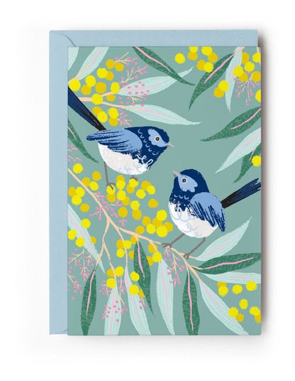 Blue Wrens on Wattle Note Cards Box of 10