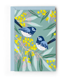 Blue Wrens on Wattle Note Cards Box of 10