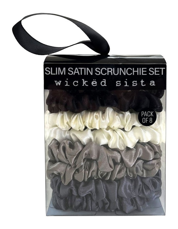 Slim Satin Scrunchie Set in Monochrome Grey
