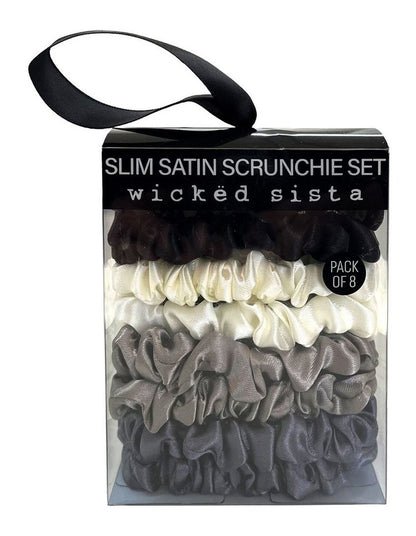 Slim Satin Scrunchie Set in Monochrome Grey