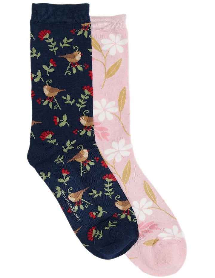 2 Pack Patterned Crew Socks in Navy/ Blush