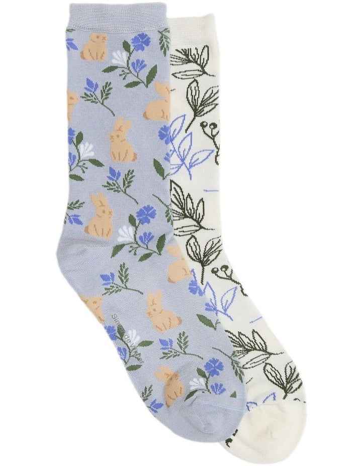 2 Pack Patterned Crew Socks in Blue/Ivory
