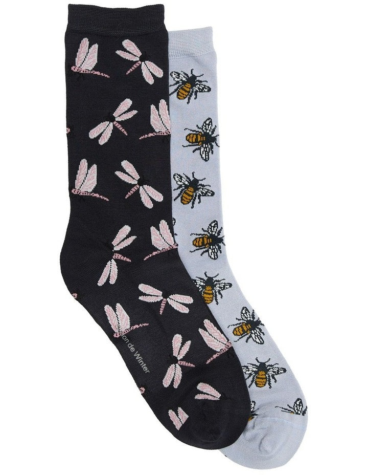 2 Pack Patterned Crew Socks in Iron/ Blue