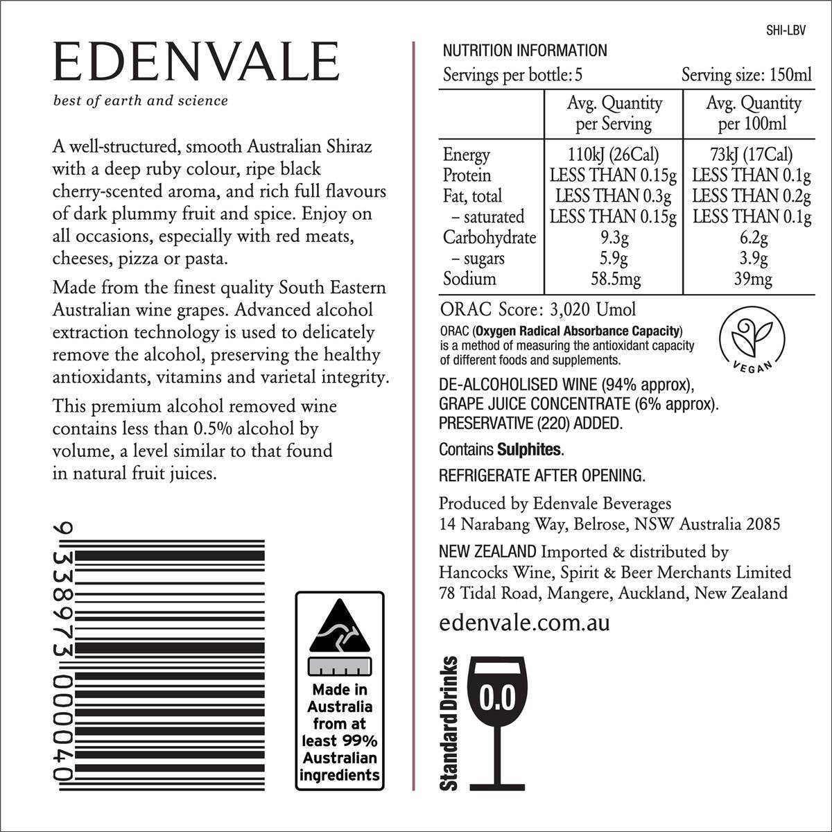 Edenvale Non Alcoholic Wine Shiraz 750ml