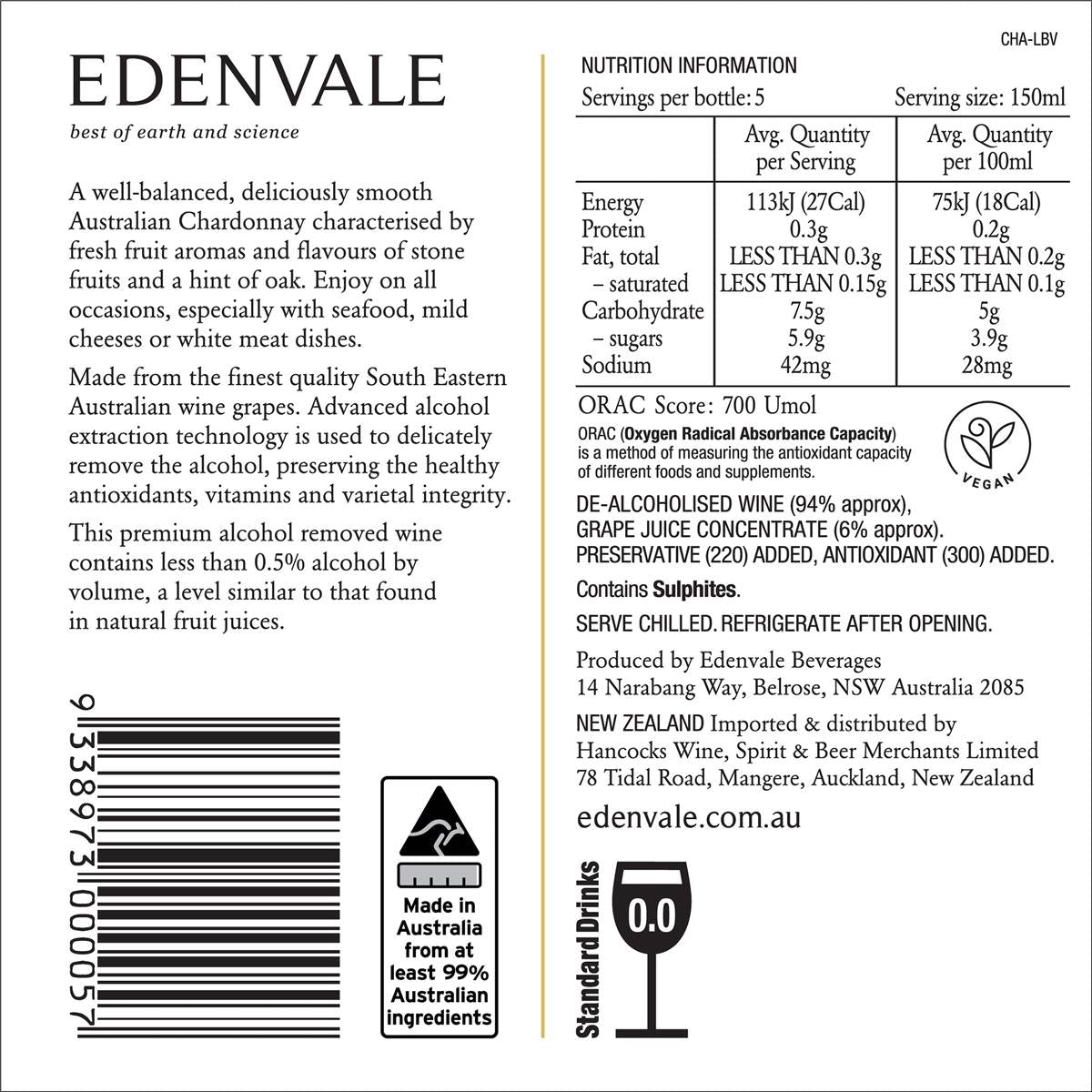 Edenvale Non Alcoholic Wine Chardonnay 750ml