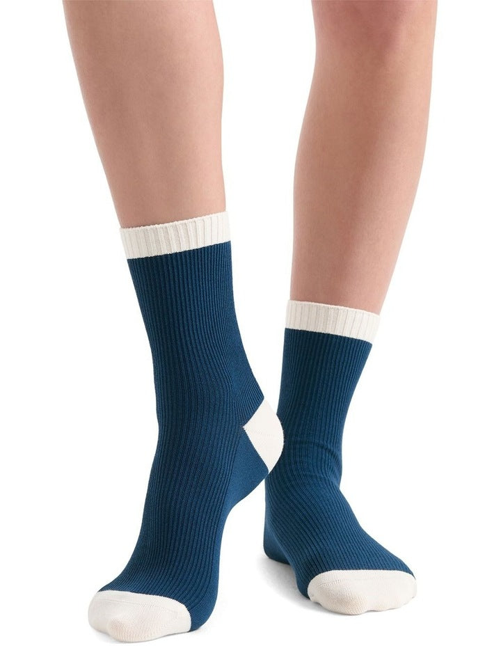 Organic Cotton Blend Two Tone Rib Crew Sock in Empress