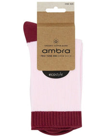 Organic Cotton Two Tone Rib Crew Sock in Dahlia
