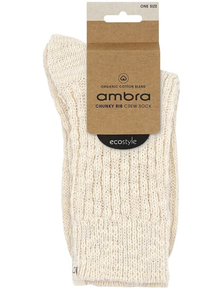 Organic Cotton Blend Chunky Rib Crew Sock in Bone