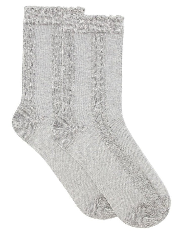 Organic Cotton Blend Frill Top Crew Sock in Grey Marle