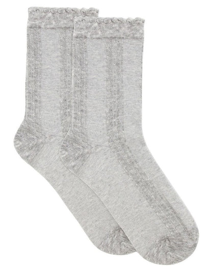 Organic Cotton Blend Frill Top Crew Sock in Grey Marle