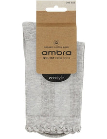 Organic Cotton Blend Frill Top Crew Sock in Grey Marle