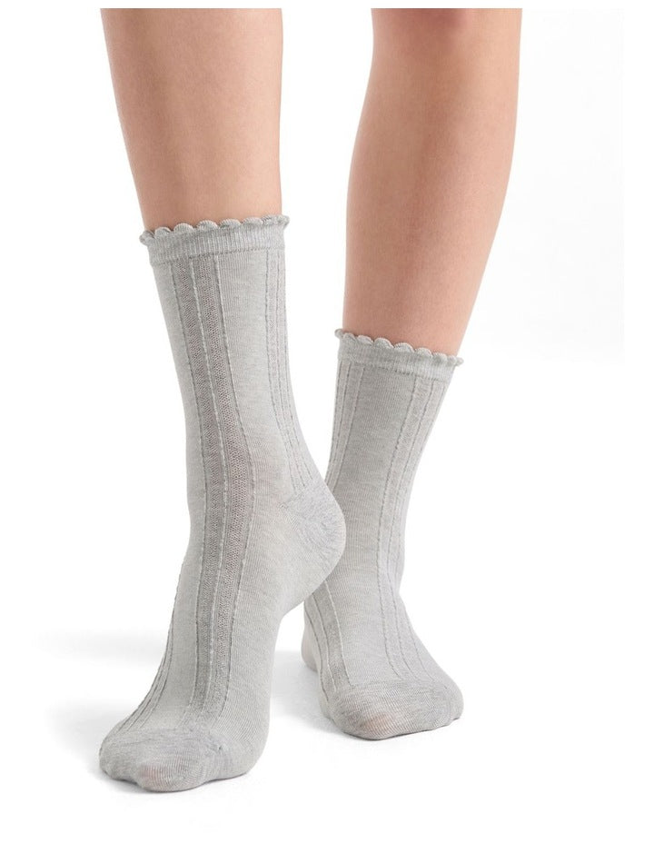 Organic Cotton Blend Frill Top Crew Sock in Grey Marle
