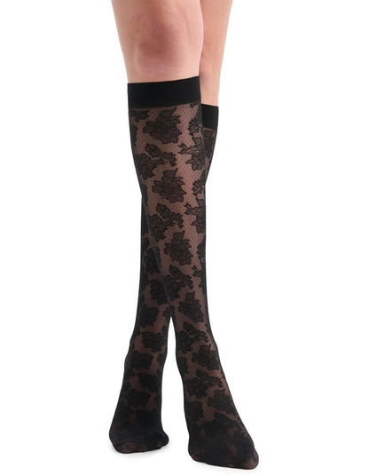 Carlina Floral Knee High Sock in Nero