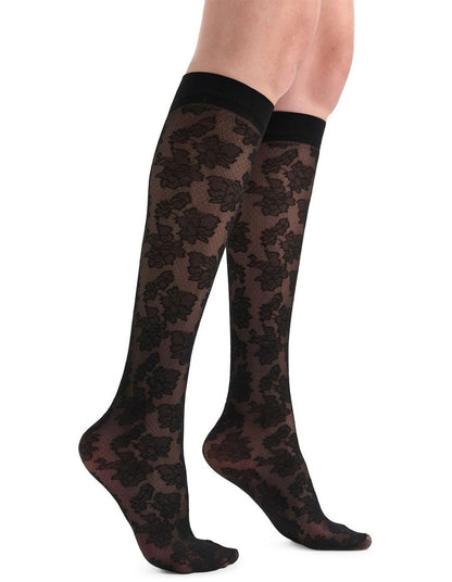 Carlina Floral Knee High Sock in Nero