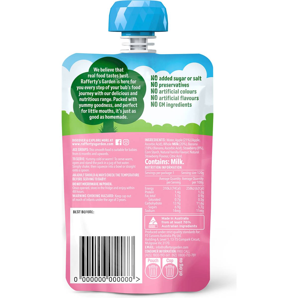Rafferty's Garden Strawberry & Vanilla Custard Baby Food Pouch 6+ Months 120g