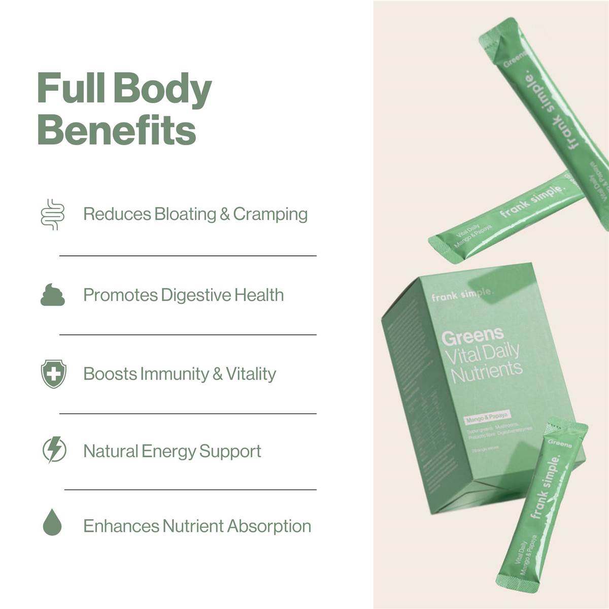 frank simple. Greens Vital Daily Nutrients Mango & Papaya Sachets 28 Pack