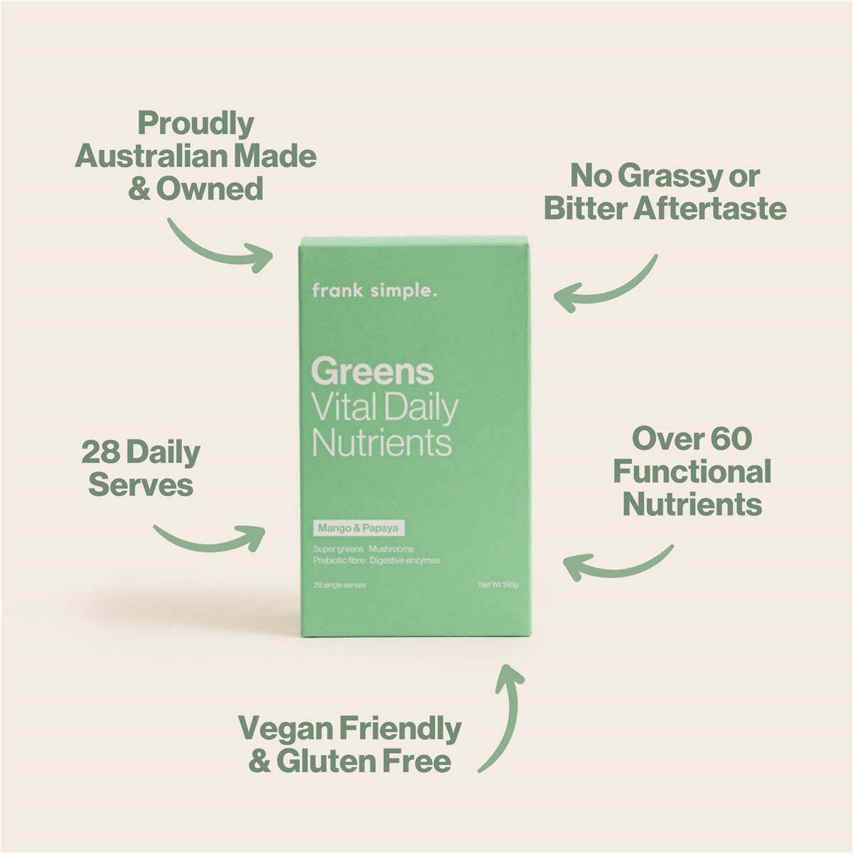 frank simple. Greens Vital Daily Nutrients Mango & Papaya Sachets 28 Pack